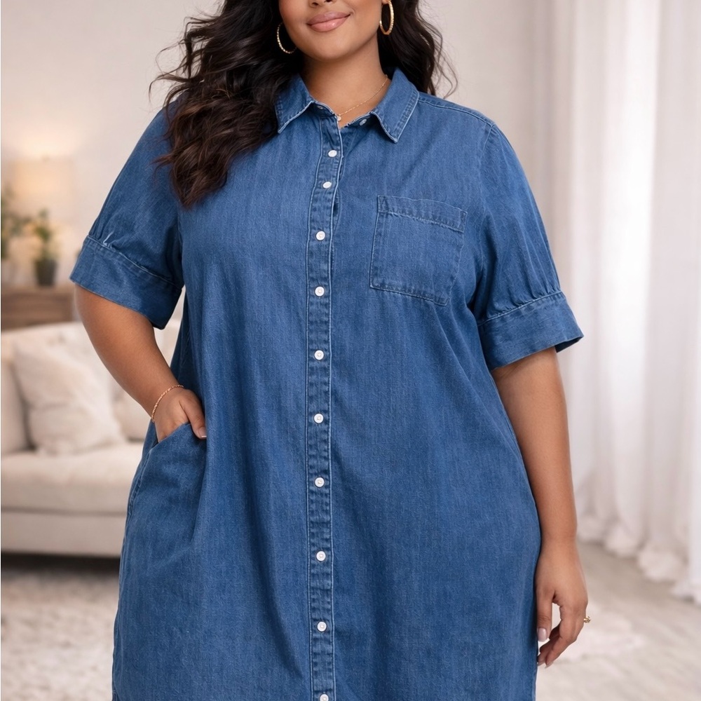 100% Cotton Denim Shirt Dress | Natural Fiber | Button Front | Short Sleeve